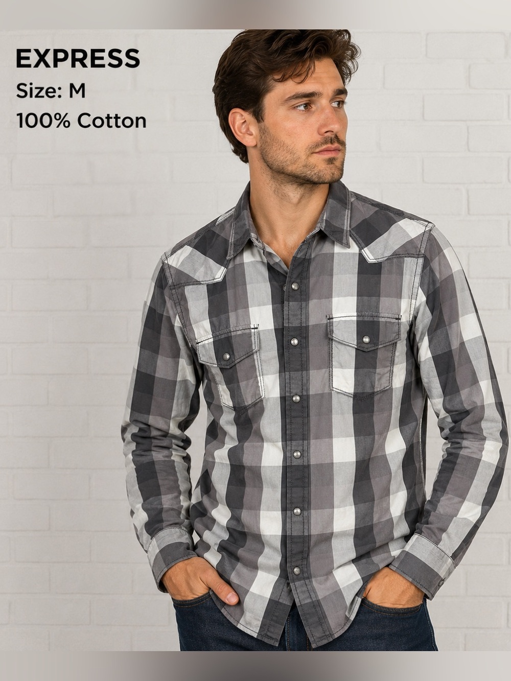 Express Men’s Gray Plaid Western Pearl Snap Long Sleeve Shirt 100% Cotton/M